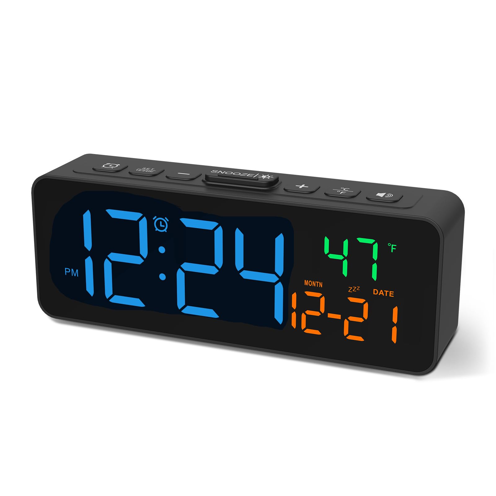 Netzu 3-in-1 Digital Clocks for Living Room with Temperature, Date & Time Display - 4 Levels Birghtness, 3 Volumes, Small & Compact Plug-in Alarm Clock for Bedroom, Office (Black)