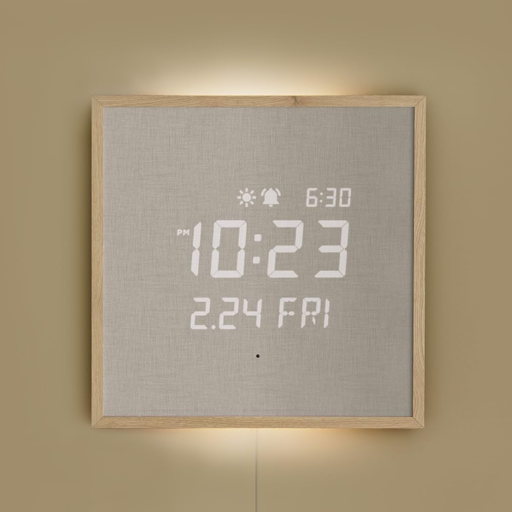 mooas Full Moon LED Silent Wooden Digital Wall Clock with Remote Control, Backlight Nightlight Digital Wood Wall Clock, Sunrise Alarm Melody, 5 Level Brightness Modern Decorative Office Livingroom