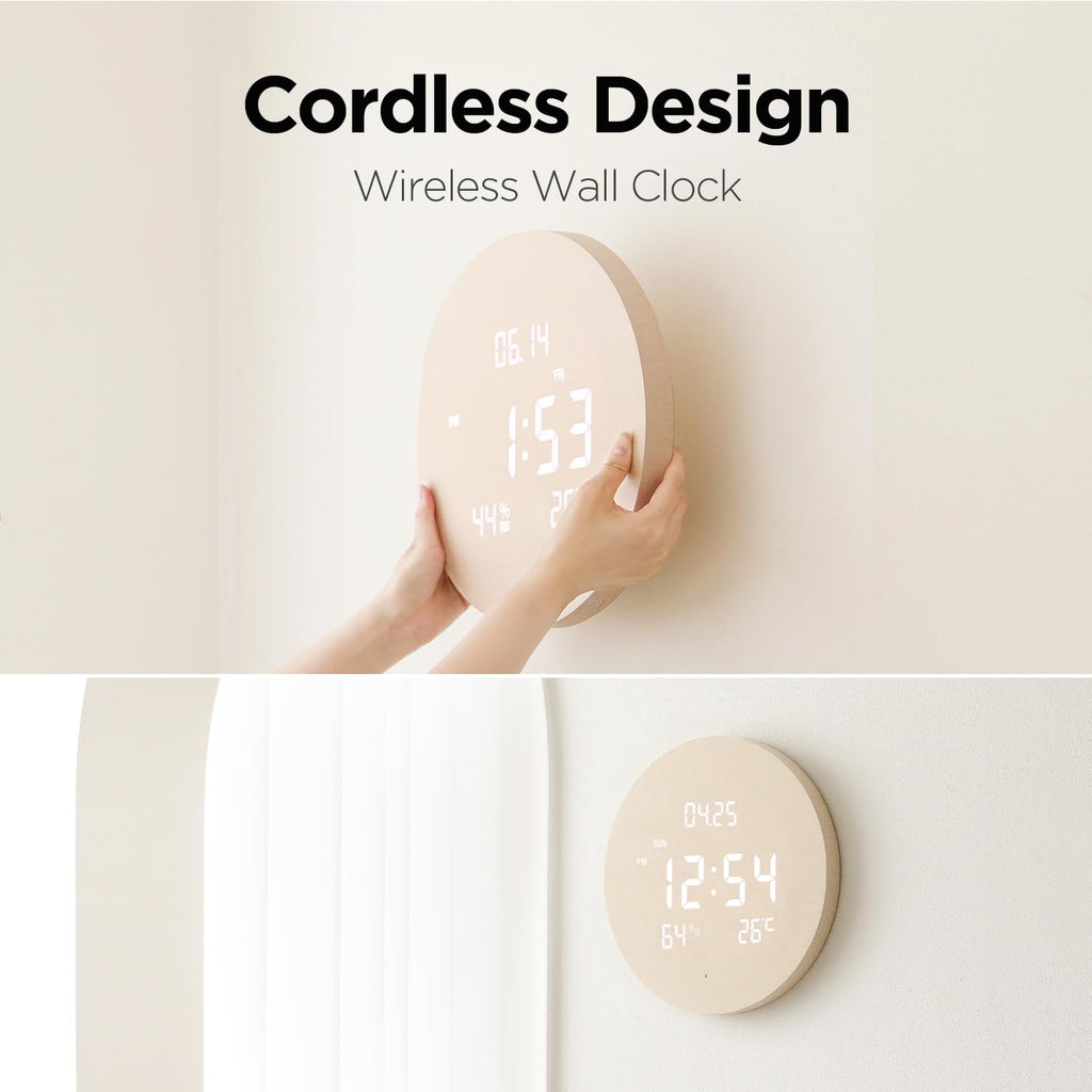 mooas Full Moon LED Silent Wooden Digital Wall Clock with Remote Control, Backlight Nightlight Digital Wood Wall Clock, Sunrise Alarm Melody, 5 Level Brightness Modern Decorative Office Livingroom
