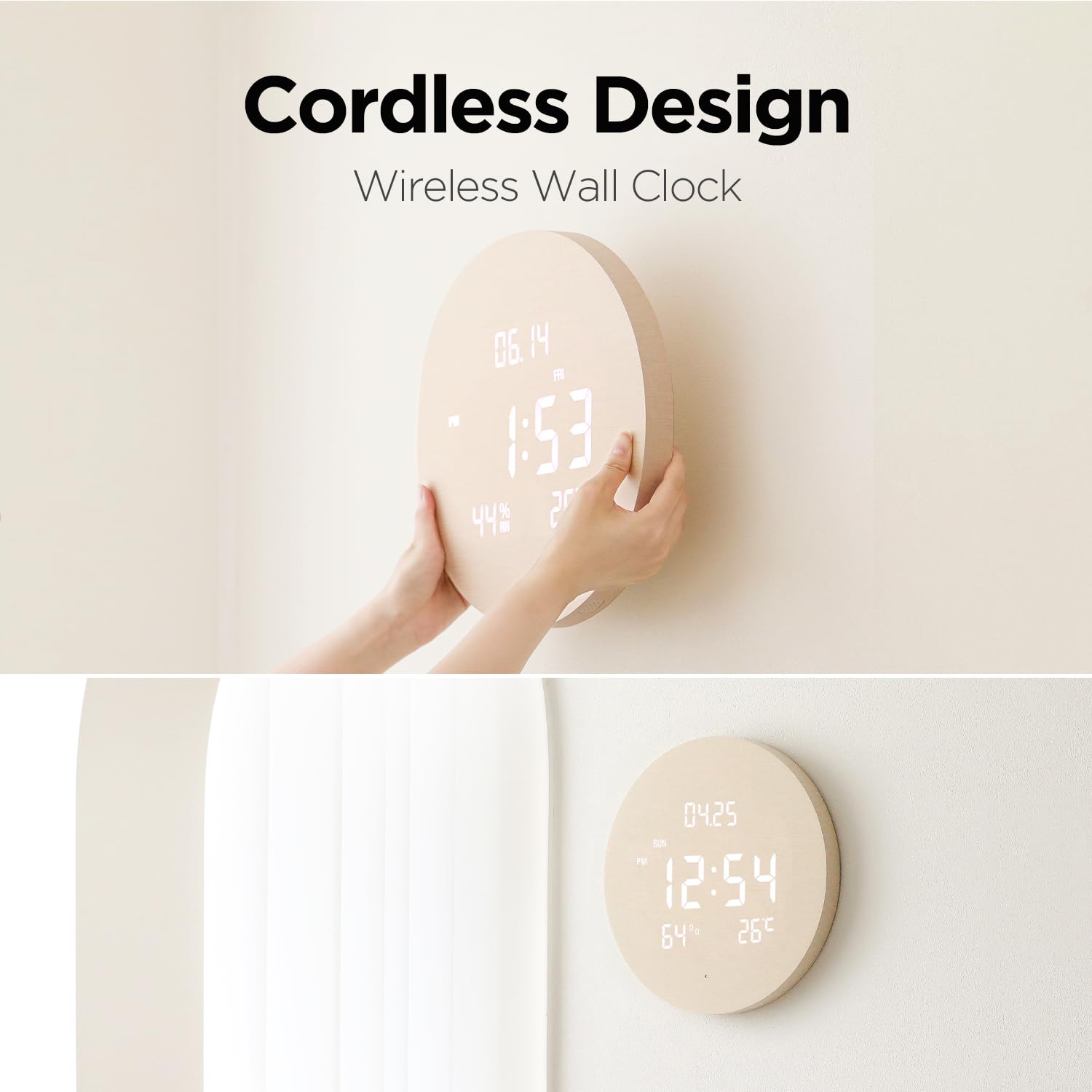 mooas Full Moon LED Silent Wooden Digital Wall Clock with Remote Control, Backlight Nightlight Digital Wood Wall Clock, Sunrise Alarm Melody, 5 Level Brightness Modern Decorative Office Livingroom