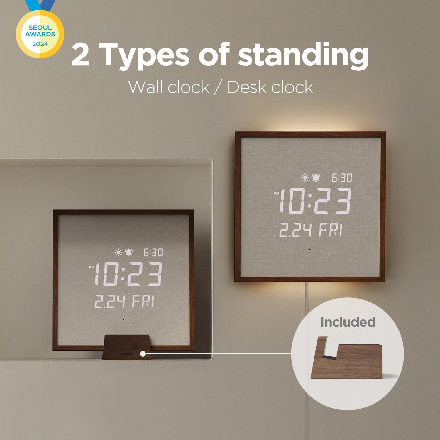mooas Full Moon LED Silent Wooden Digital Wall Clock with Remote Control, Backlight Nightlight Digital Wood Wall Clock, Sunrise Alarm Melody, 5 Level Brightness Modern Decorative Office Livingroom