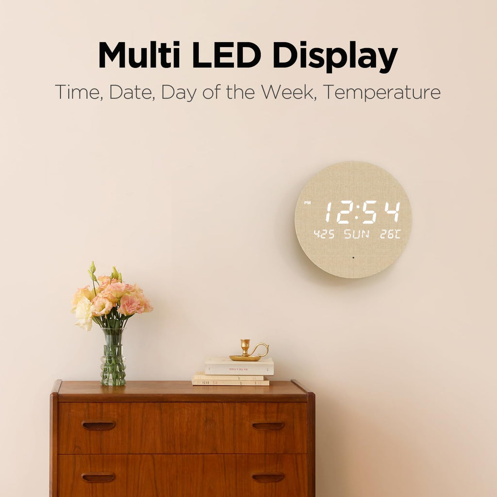mooas Full Moon LED Silent Wooden Digital Wall Clock with Remote Control, Backlight Nightlight Digital Wood Wall Clock, Sunrise Alarm Melody, 5 Level Brightness Modern Decorative Office Livingroom