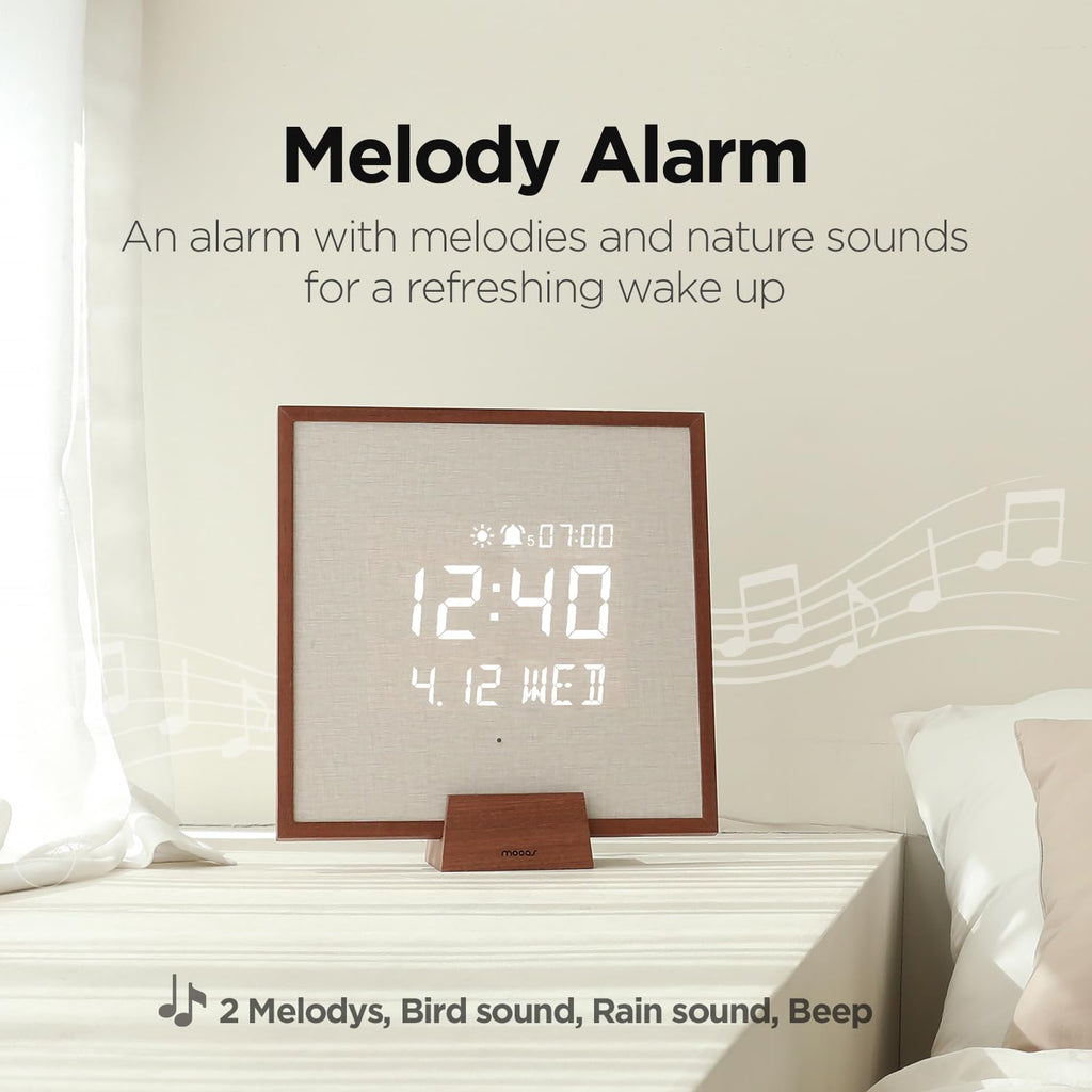mooas Full Moon LED Silent Wooden Digital Wall Clock with Remote Control, Backlight Nightlight Digital Wood Wall Clock, Sunrise Alarm Melody, 5 Level Brightness Modern Decorative Office Livingroom