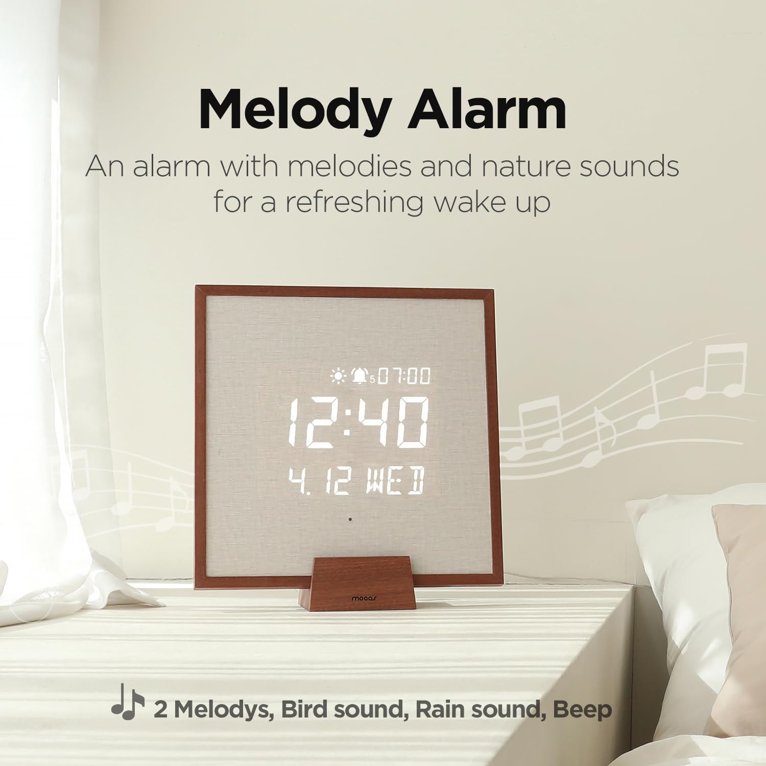 mooas Full Moon LED Silent Wooden Digital Wall Clock with Remote Control, Backlight Nightlight Digital Wood Wall Clock, Sunrise Alarm Melody, 5 Level Brightness Modern Decorative Office Livingroom