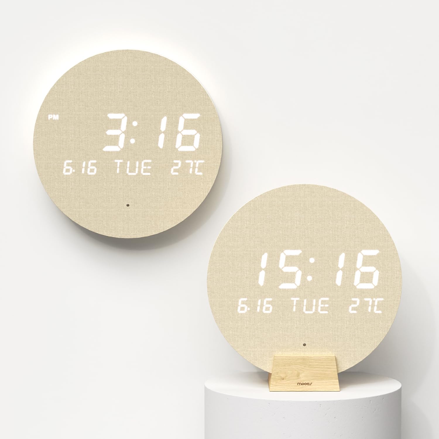 mooas Full Moon LED Silent Wooden Digital Wall Clock with Remote Control, Backlight Nightlight Digital Wood Wall Clock, Sunrise Alarm Melody, 5 Level Brightness Modern Decorative Office Livingroom