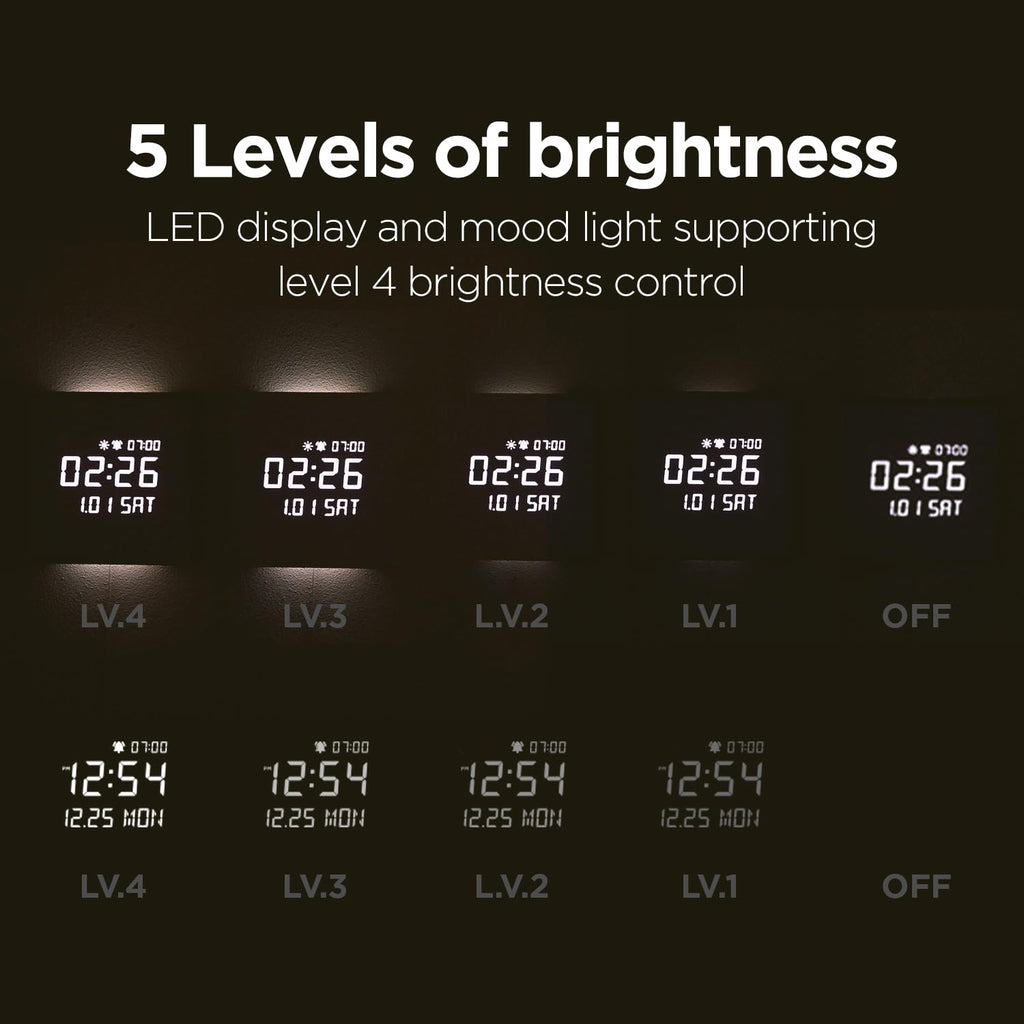 mooas Full Moon LED Silent Wooden Digital Wall Clock with Remote Control, Backlight Nightlight Digital Wood Wall Clock, Sunrise Alarm Melody, 5 Level Brightness Modern Decorative Office Livingroom
