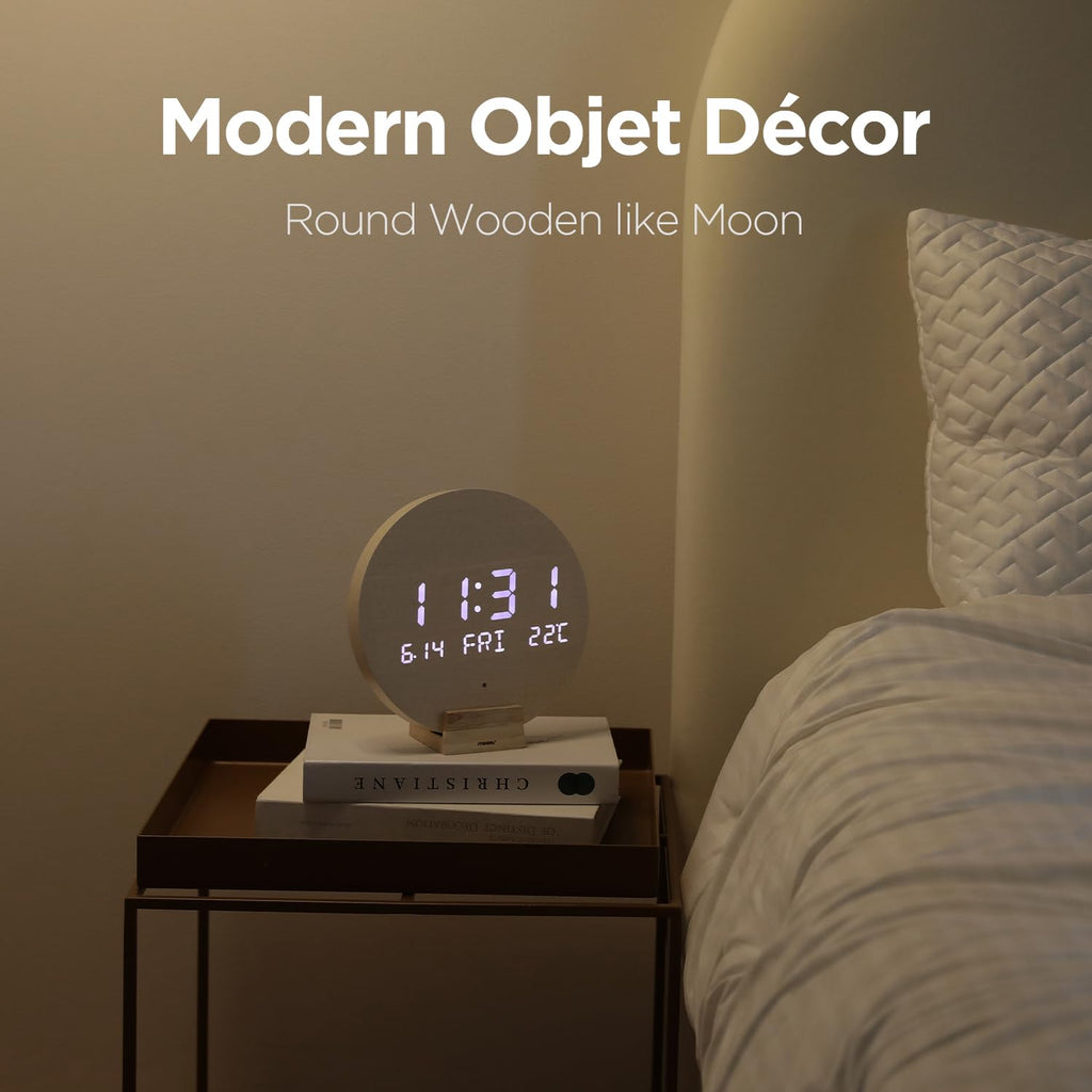 mooas Full Moon LED Silent Wooden Digital Wall Clock with Remote Control, Backlight Nightlight Digital Wood Wall Clock, Sunrise Alarm Melody, 5 Level Brightness Modern Decorative Office Livingroom
