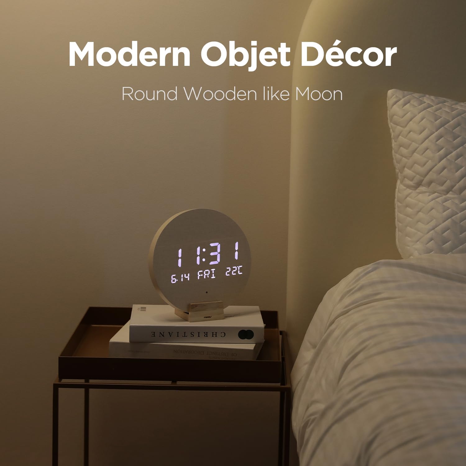 mooas Full Moon LED Silent Wooden Digital Wall Clock with Remote Control, Backlight Nightlight Digital Wood Wall Clock, Sunrise Alarm Melody, 5 Level Brightness Modern Decorative Office Livingroom