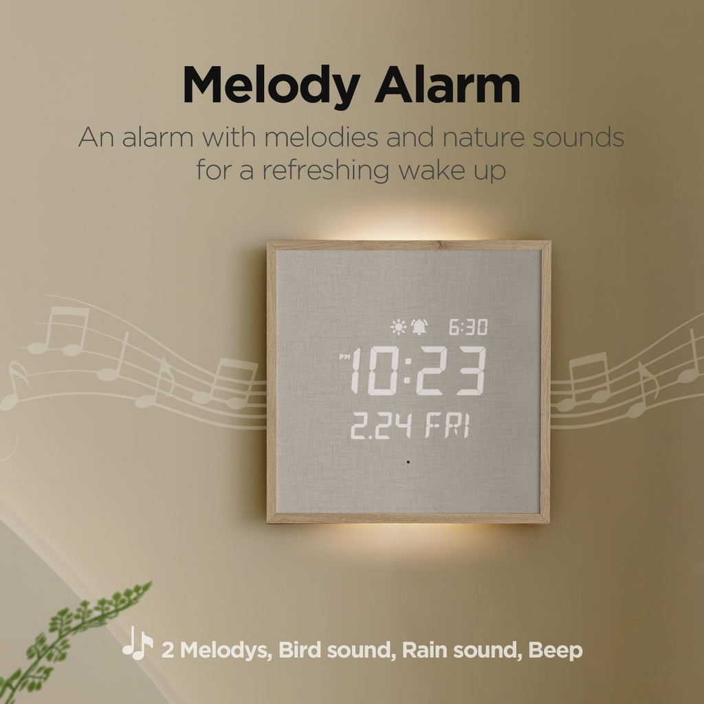 mooas Full Moon LED Silent Wooden Digital Wall Clock with Remote Control, Backlight Nightlight Digital Wood Wall Clock, Sunrise Alarm Melody, 5 Level Brightness Modern Decorative Office Livingroom