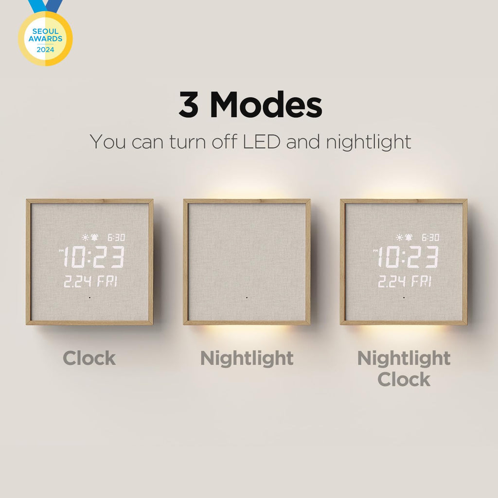 mooas Full Moon LED Silent Wooden Digital Wall Clock with Remote Control, Backlight Nightlight Digital Wood Wall Clock, Sunrise Alarm Melody, 5 Level Brightness Modern Decorative Office Livingroom