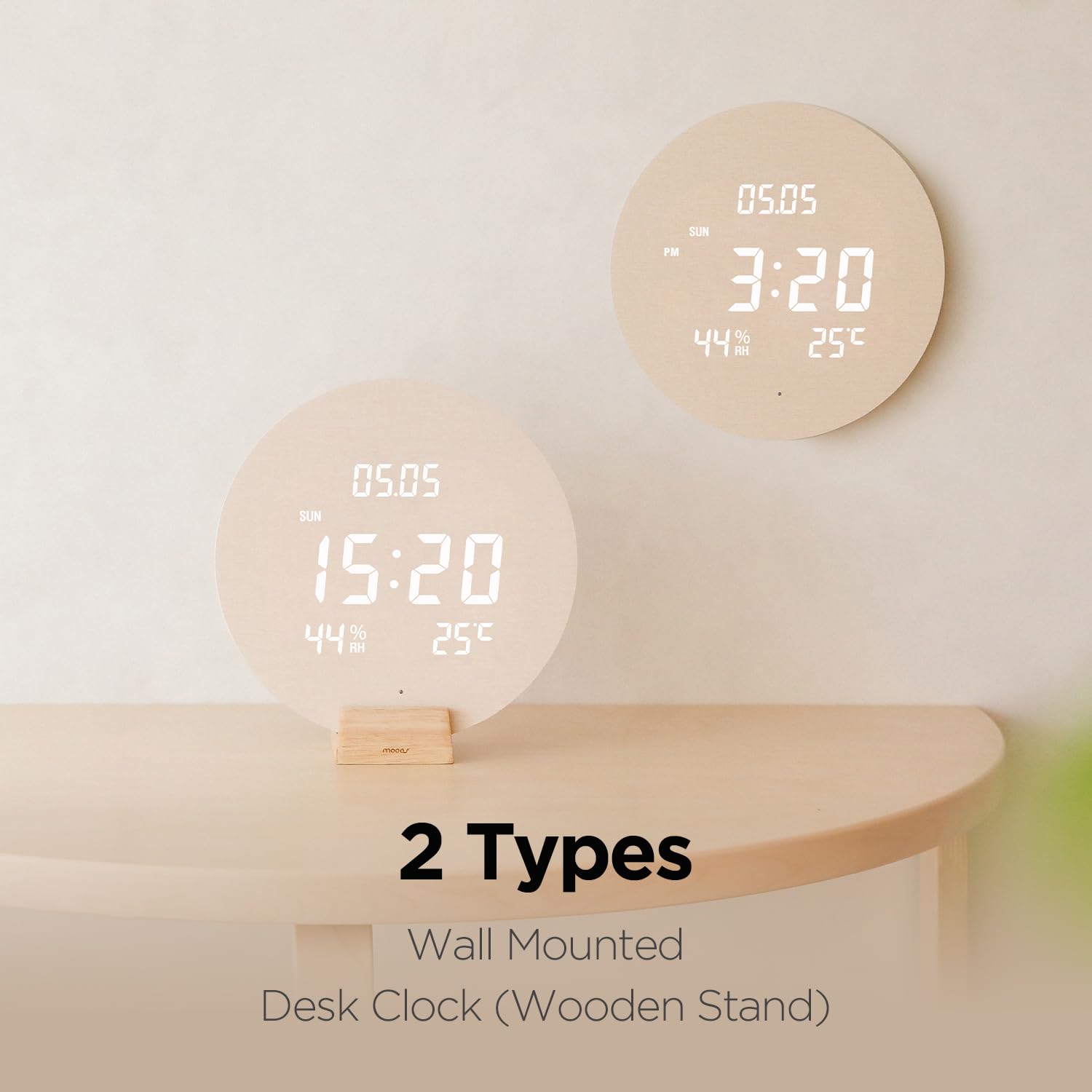 mooas Full Moon LED Silent Wooden Digital Wall Clock with Remote Control, Backlight Nightlight Digital Wood Wall Clock, Sunrise Alarm Melody, 5 Level Brightness Modern Decorative Office Livingroom