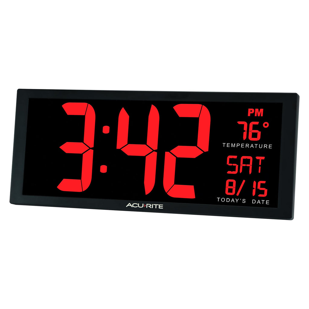 AcuRite 14.5" Large Digital LED Oversized Wall Clock with Date and Temperature, Perfect for Home or Office (75127M), Red