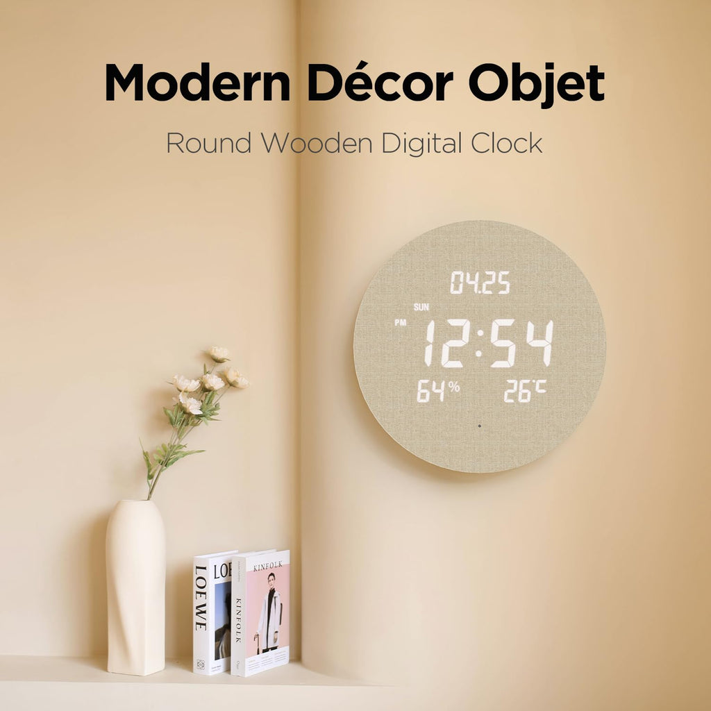 mooas Full Moon LED Silent Wooden Digital Wall Clock with Remote Control, Backlight Nightlight Digital Wood Wall Clock, Sunrise Alarm Melody, 5 Level Brightness Modern Decorative Office Livingroom