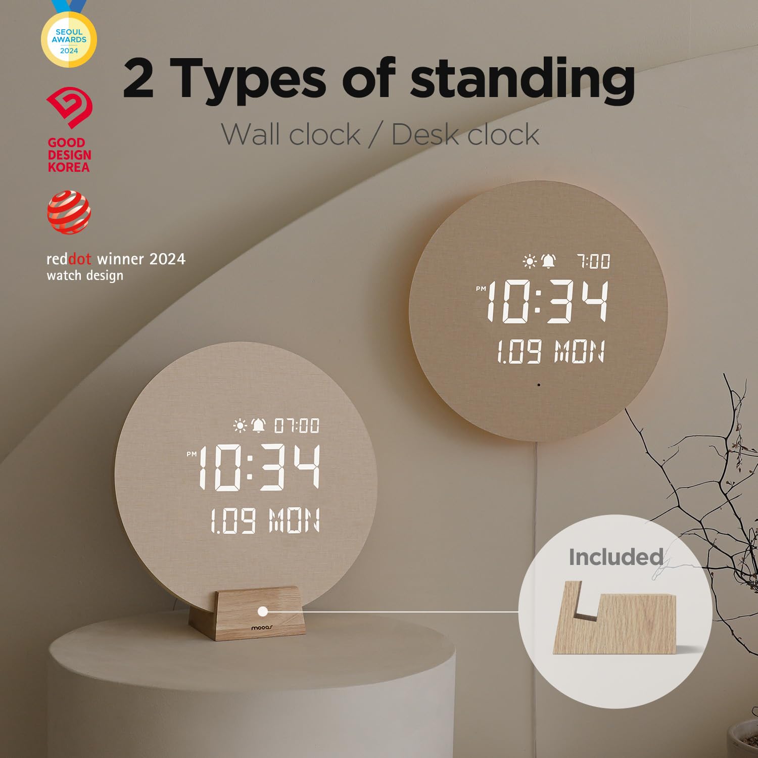 mooas Full Moon LED Silent Wooden Digital Wall Clock with Remote Control, Backlight Nightlight Digital Wood Wall Clock, Sunrise Alarm Melody, 5 Level Brightness Modern Decorative Office Livingroom