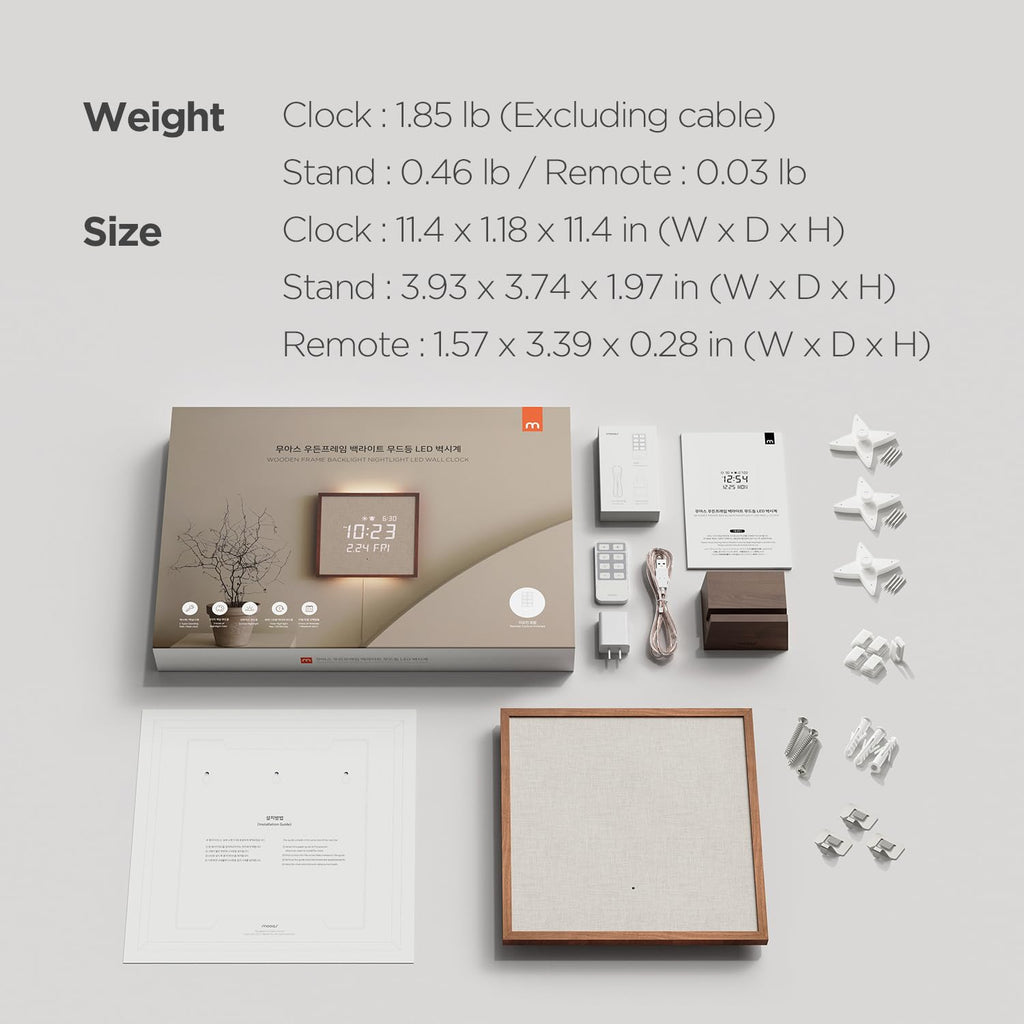 mooas Full Moon LED Silent Wooden Digital Wall Clock with Remote Control, Backlight Nightlight Digital Wood Wall Clock, Sunrise Alarm Melody, 5 Level Brightness Modern Decorative Office Livingroom