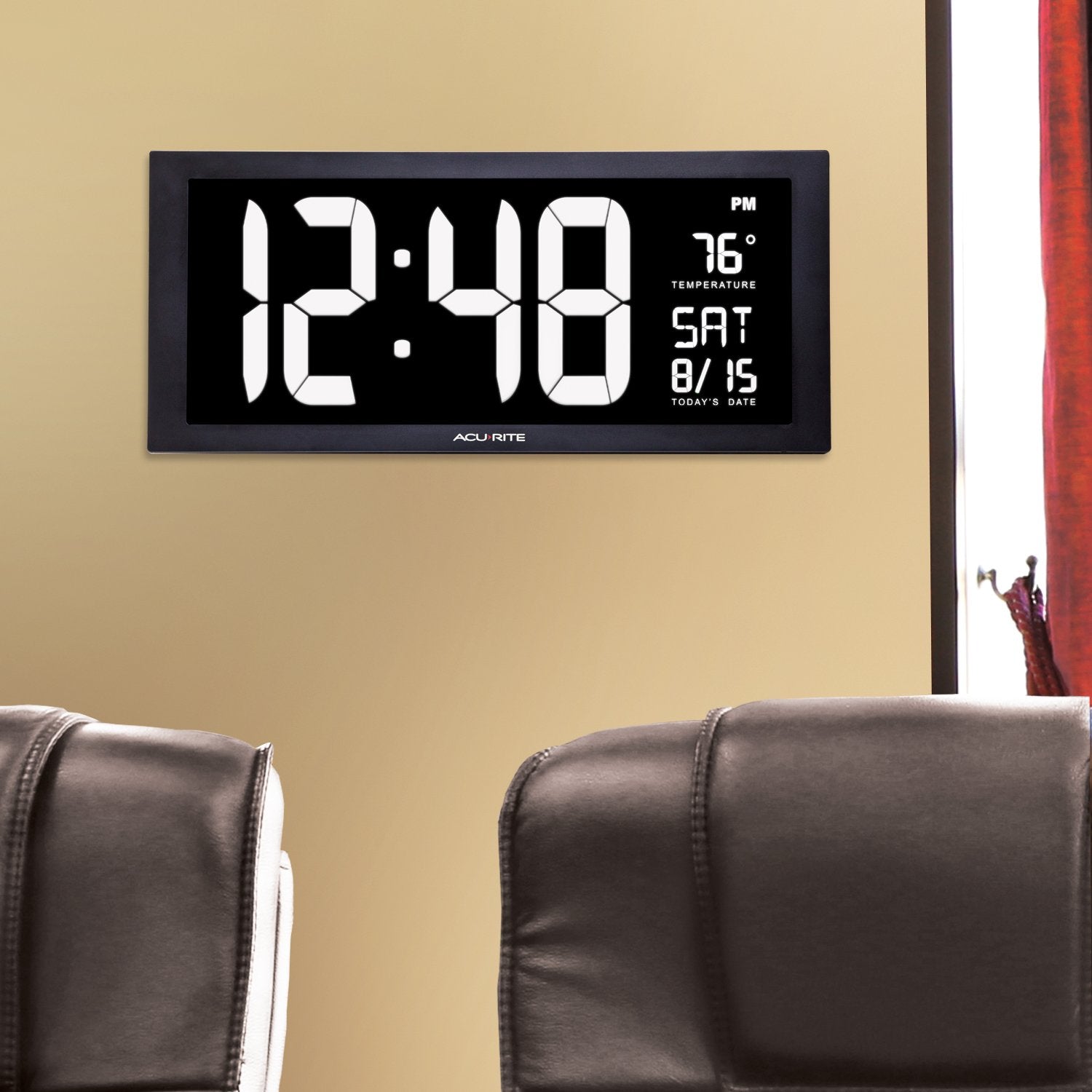 AcuRite 14.5" Large Digital LED Oversized Wall Clock with Date and Temperature, Perfect for Home or Office (75127M), Red