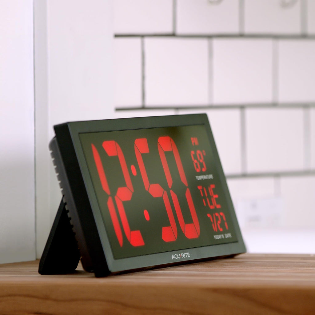 AcuRite 14.5" Large Digital LED Oversized Wall Clock with Date and Temperature, Perfect for Home or Office (75127M), Red