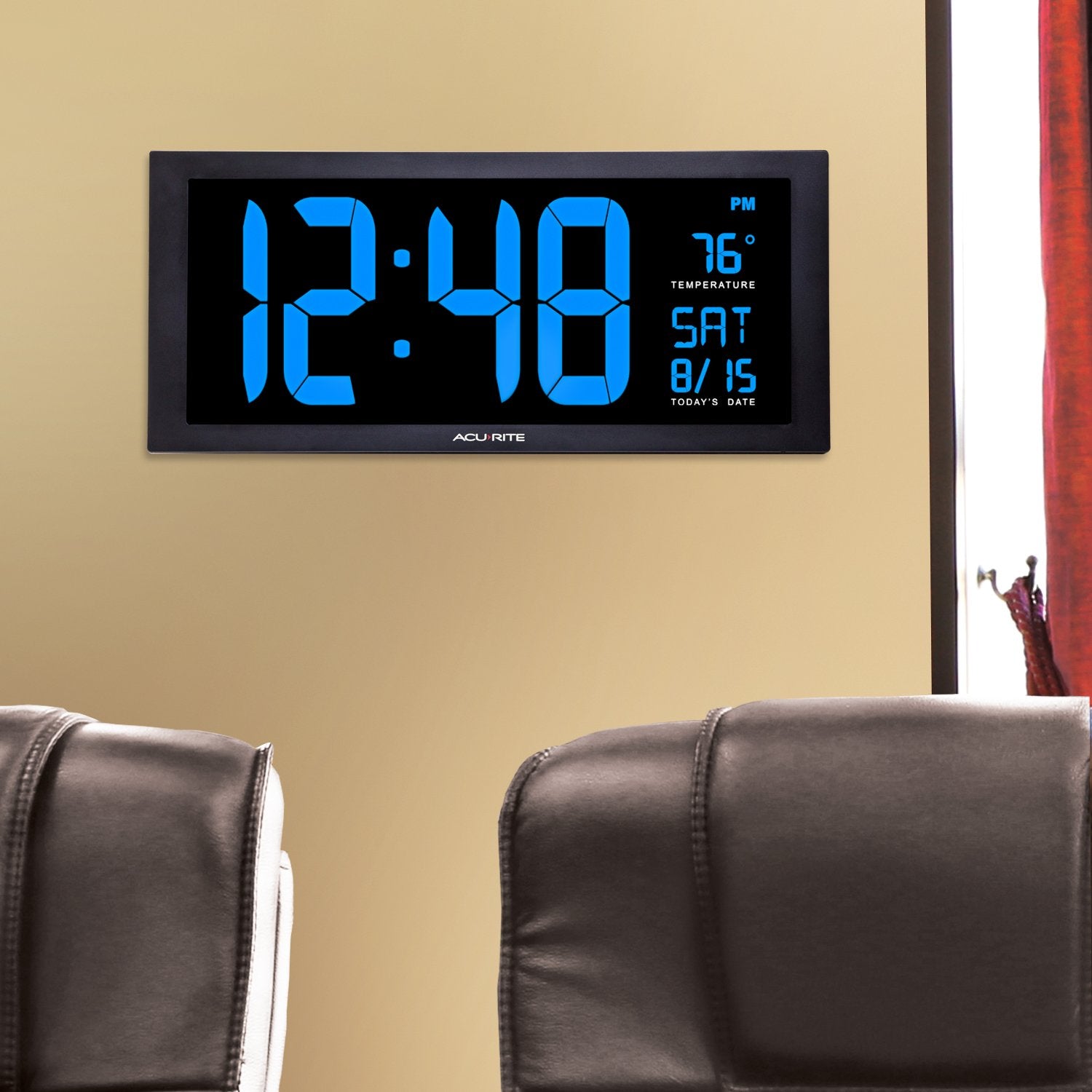AcuRite 14.5" Large Digital LED Oversized Wall Clock with Date and Temperature, Perfect for Home or Office (75127M), Red