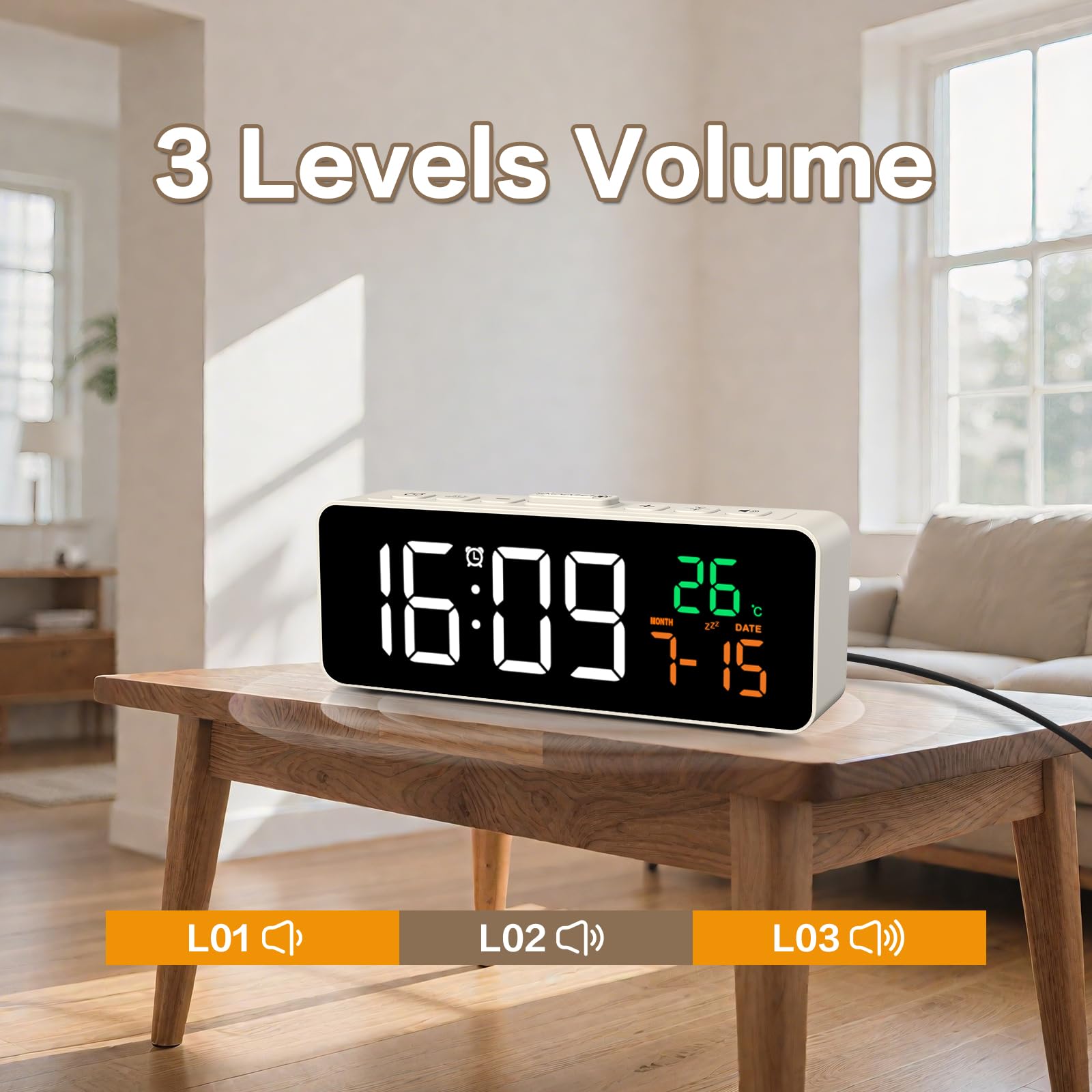 Netzu 3-in-1 Digital Clocks for Living Room with Temperature, Date & Time Display - 4 Levels Birghtness, 3 Volumes, Small & Compact Plug-in Alarm Clock for Bedroom, Office (Black)