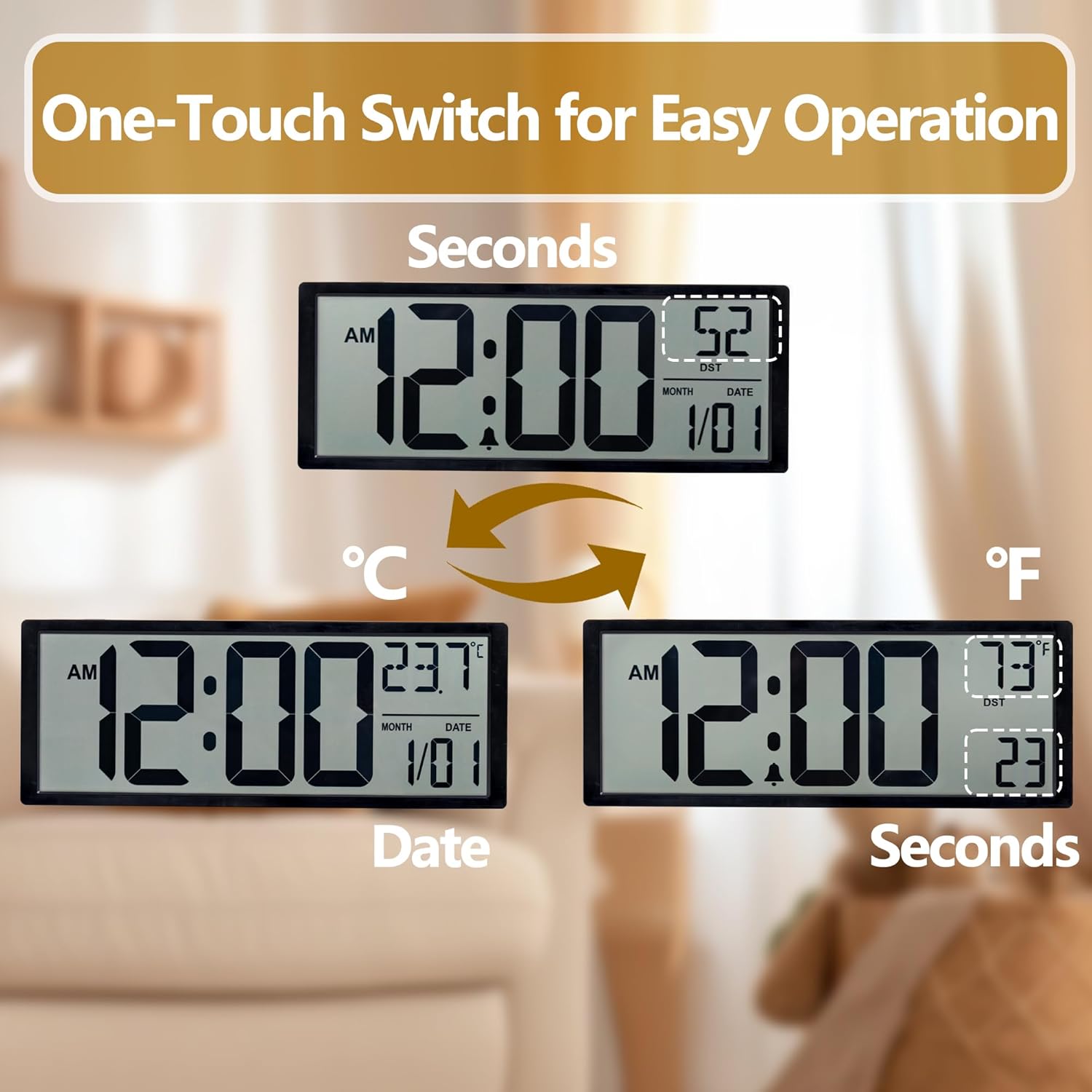 Maxstar Large Digital Wall Clock, 16" Digital Clock Battery Operated with Date and Temperature, 12/24H, Seconds, Alarm, DST, Desktop/Wall Mounted for Home, Office, Bedroom