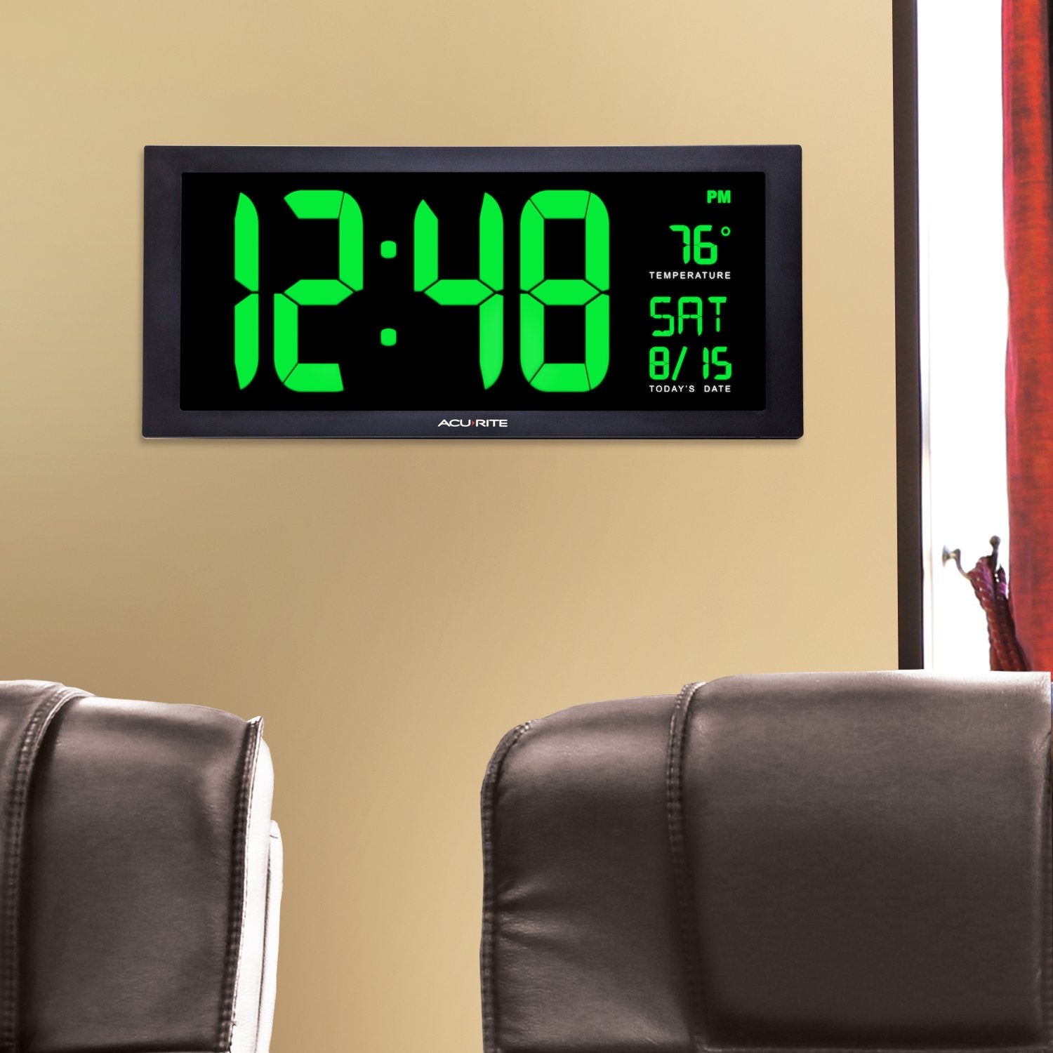 AcuRite 14.5" Large Digital LED Oversized Wall Clock with Date and Temperature, Perfect for Home or Office (75127M), Red