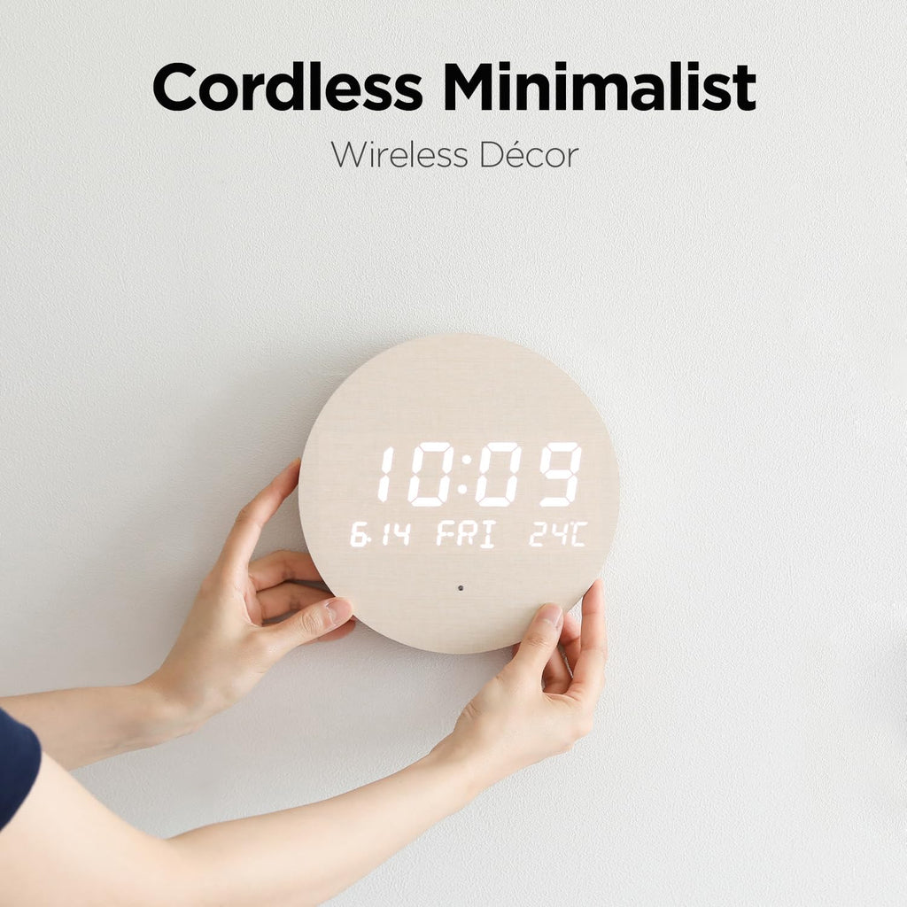 mooas Full Moon LED Silent Wooden Digital Wall Clock with Remote Control, Backlight Nightlight Digital Wood Wall Clock, Sunrise Alarm Melody, 5 Level Brightness Modern Decorative Office Livingroom