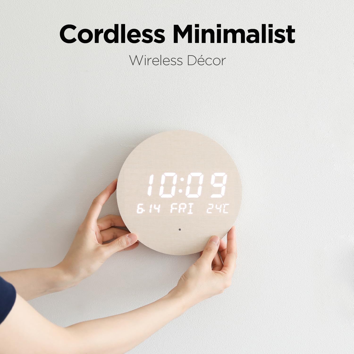 mooas Full Moon LED Silent Wooden Digital Wall Clock with Remote Control, Backlight Nightlight Digital Wood Wall Clock, Sunrise Alarm Melody, 5 Level Brightness Modern Decorative Office Livingroom