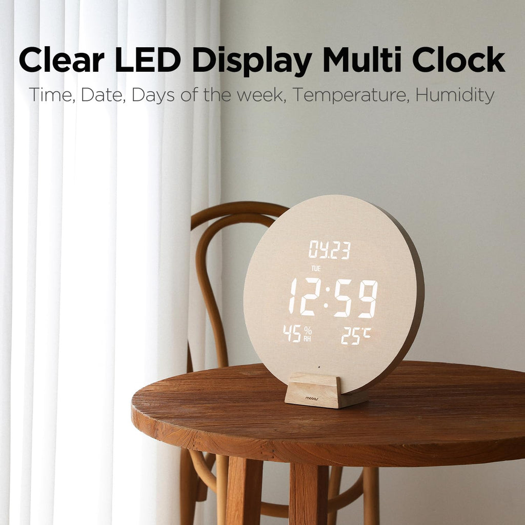 mooas Full Moon LED Silent Wooden Digital Wall Clock with Remote Control, Backlight Nightlight Digital Wood Wall Clock, Sunrise Alarm Melody, 5 Level Brightness Modern Decorative Office Livingroom