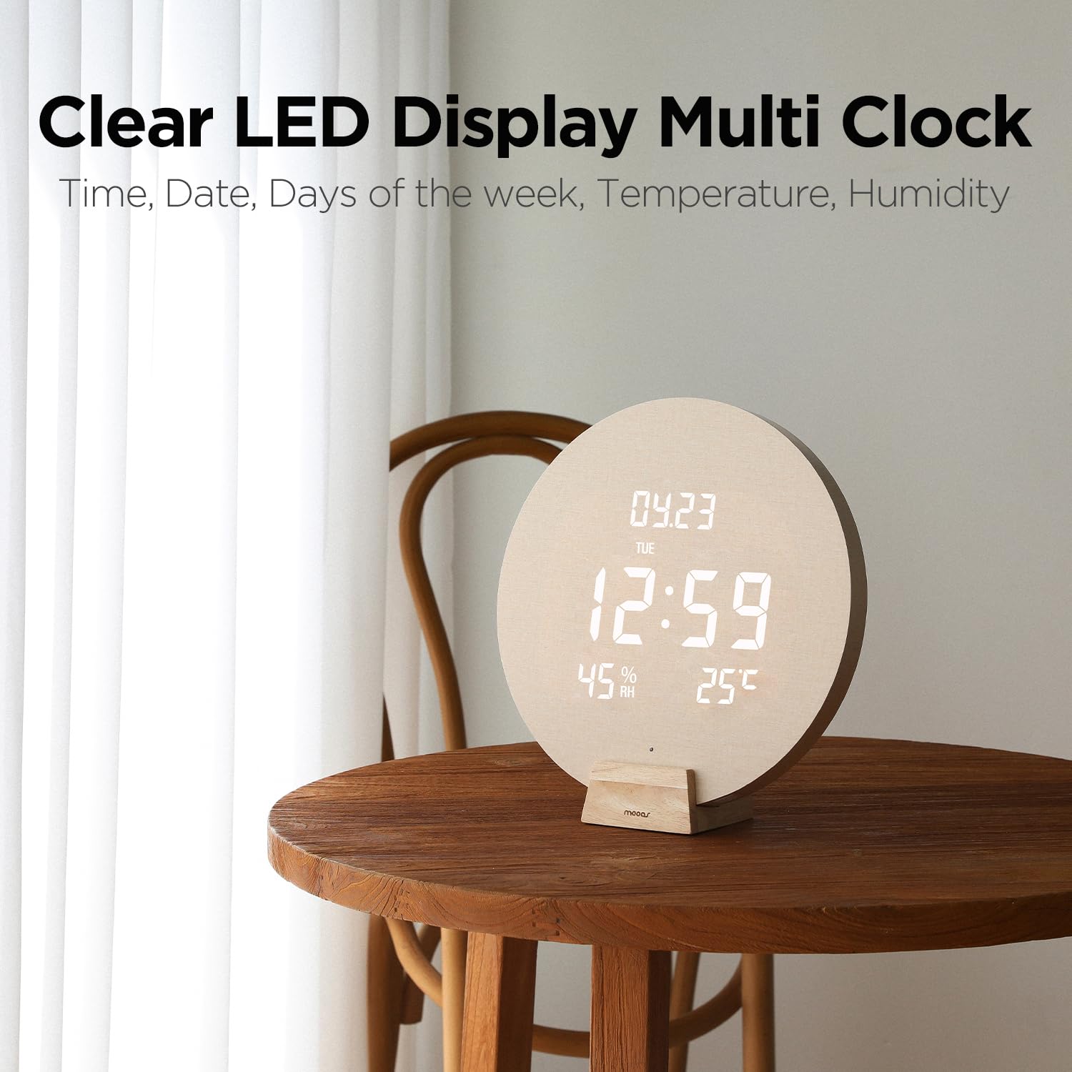 mooas Full Moon LED Silent Wooden Digital Wall Clock with Remote Control, Backlight Nightlight Digital Wood Wall Clock, Sunrise Alarm Melody, 5 Level Brightness Modern Decorative Office Livingroom