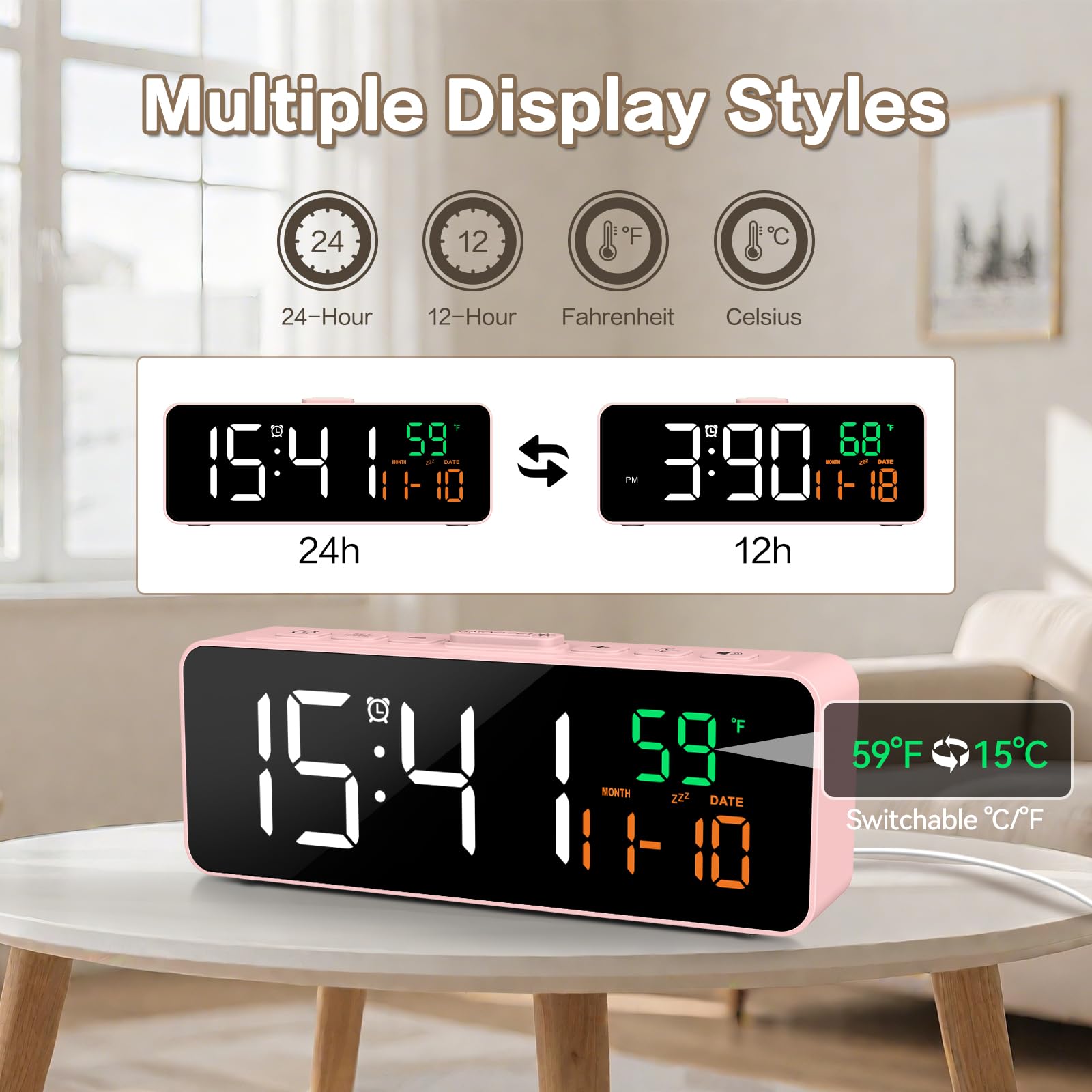 Netzu 3-in-1 Digital Clocks for Living Room with Temperature, Date & Time Display - 4 Levels Birghtness, 3 Volumes, Small & Compact Plug-in Alarm Clock for Bedroom, Office (Black)