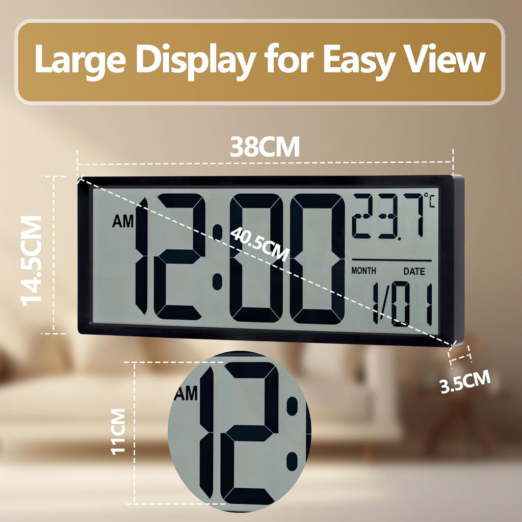 Maxstar Large Digital Wall Clock, 16" Digital Clock Battery Operated with Date and Temperature, 12/24H, Seconds, Alarm, DST, Desktop/Wall Mounted for Home, Office, Bedroom