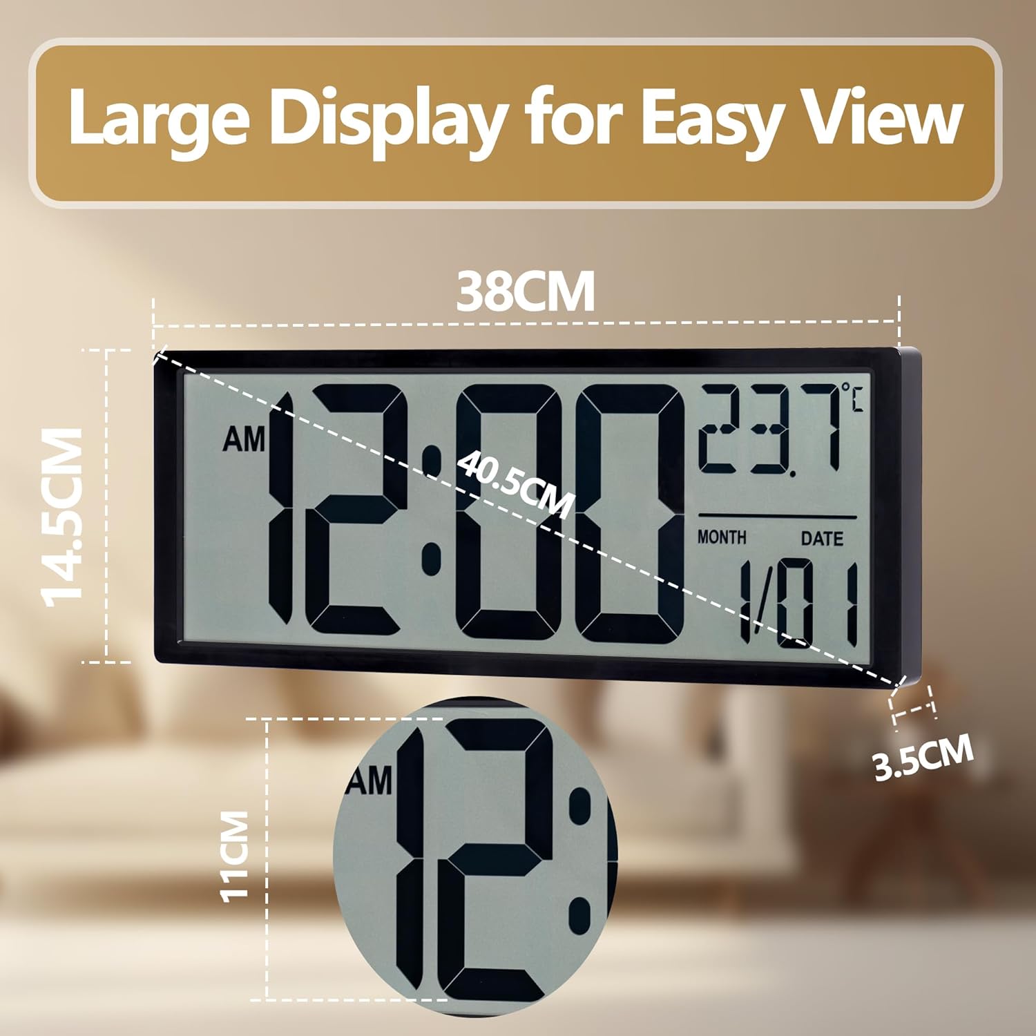 Maxstar Large Digital Wall Clock, 16" Digital Clock Battery Operated with Date and Temperature, 12/24H, Seconds, Alarm, DST, Desktop/Wall Mounted for Home, Office, Bedroom