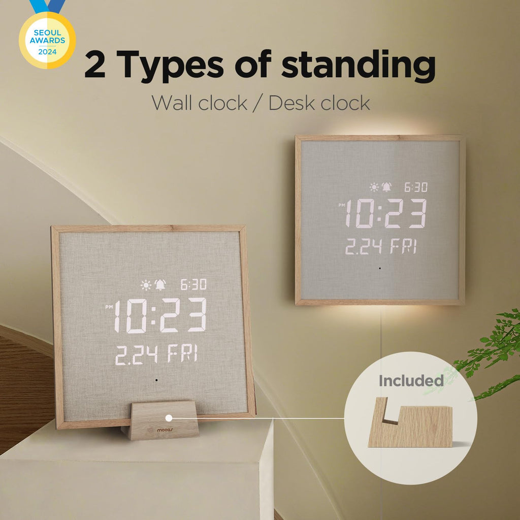 mooas Full Moon LED Silent Wooden Digital Wall Clock with Remote Control, Backlight Nightlight Digital Wood Wall Clock, Sunrise Alarm Melody, 5 Level Brightness Modern Decorative Office Livingroom