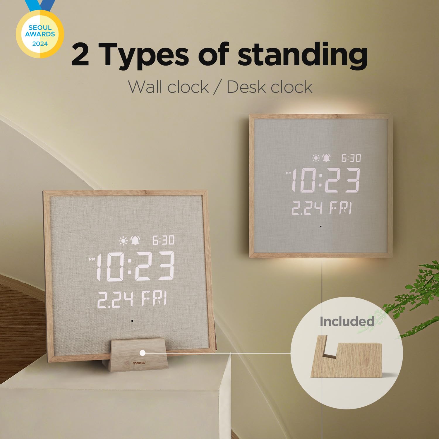 mooas Full Moon LED Silent Wooden Digital Wall Clock with Remote Control, Backlight Nightlight Digital Wood Wall Clock, Sunrise Alarm Melody, 5 Level Brightness Modern Decorative Office Livingroom