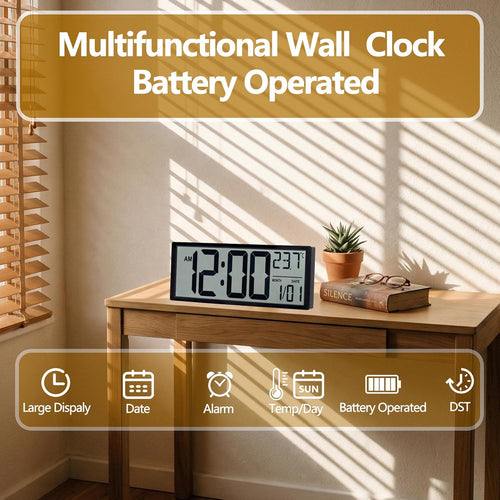 Maxstar Large Digital Wall Clock, 16" Digital Clock Battery Operated with Date and Temperature, 12/24H, Seconds, Alarm, DST, Desktop/Wall Mounted for Home, Office, Bedroom