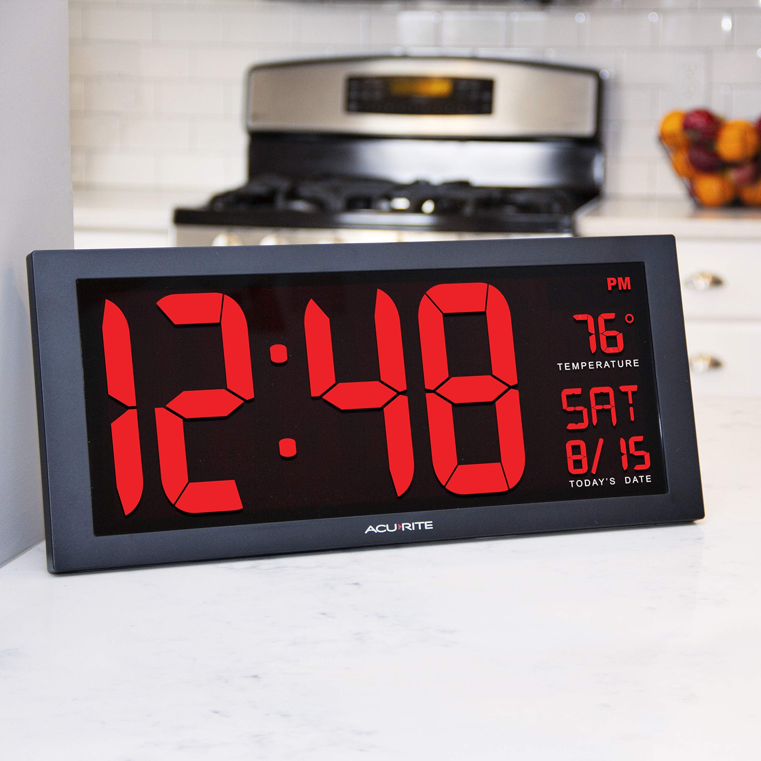 AcuRite 14.5" Large Digital LED Oversized Wall Clock with Date and Temperature, Perfect for Home or Office (75127M), Red