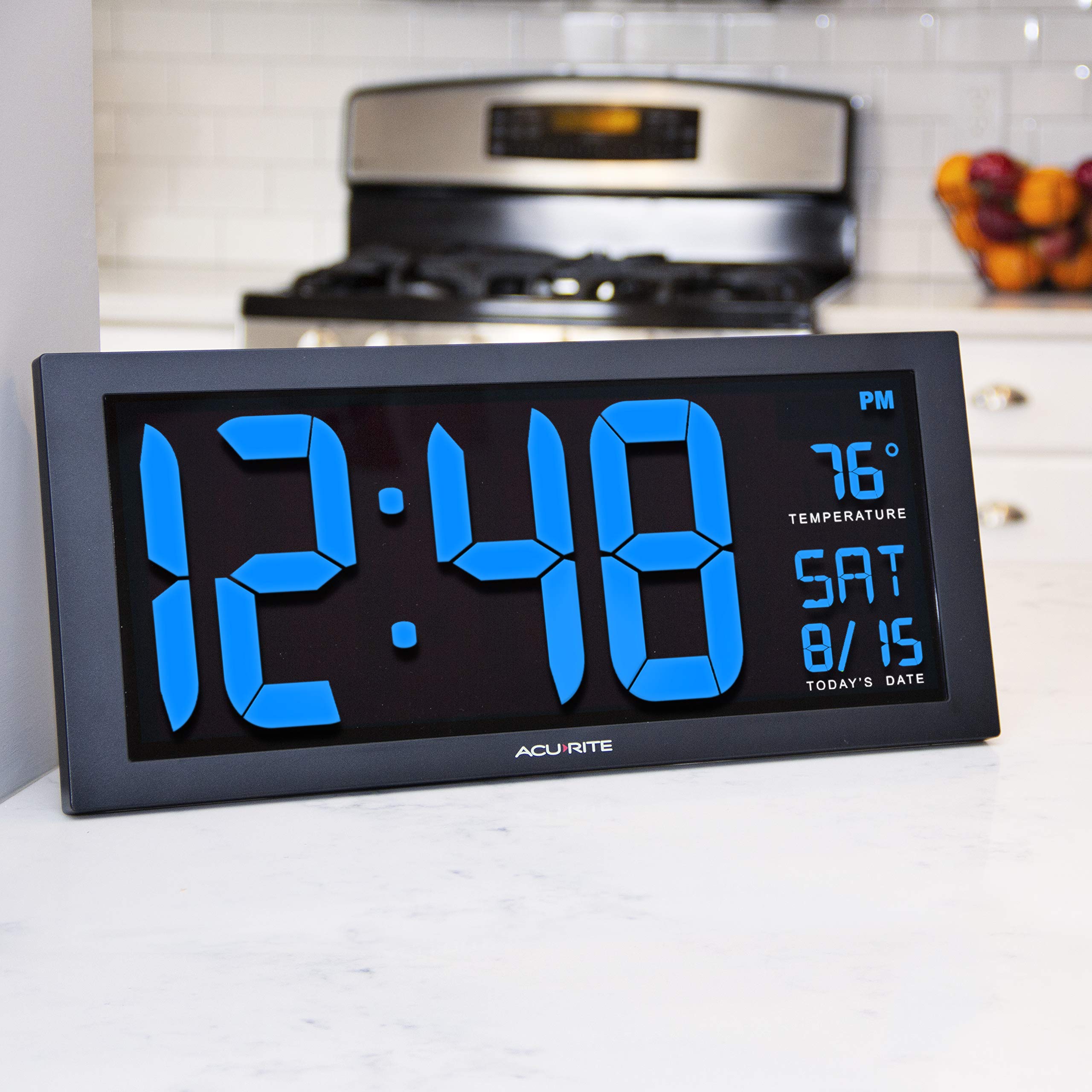AcuRite 14.5" Large Digital LED Oversized Wall Clock with Date and Temperature, Perfect for Home or Office (75127M), Red